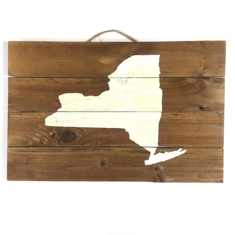 New York State Wooden Wall Hanging Home Sign Decor NY Map Brown Wood White